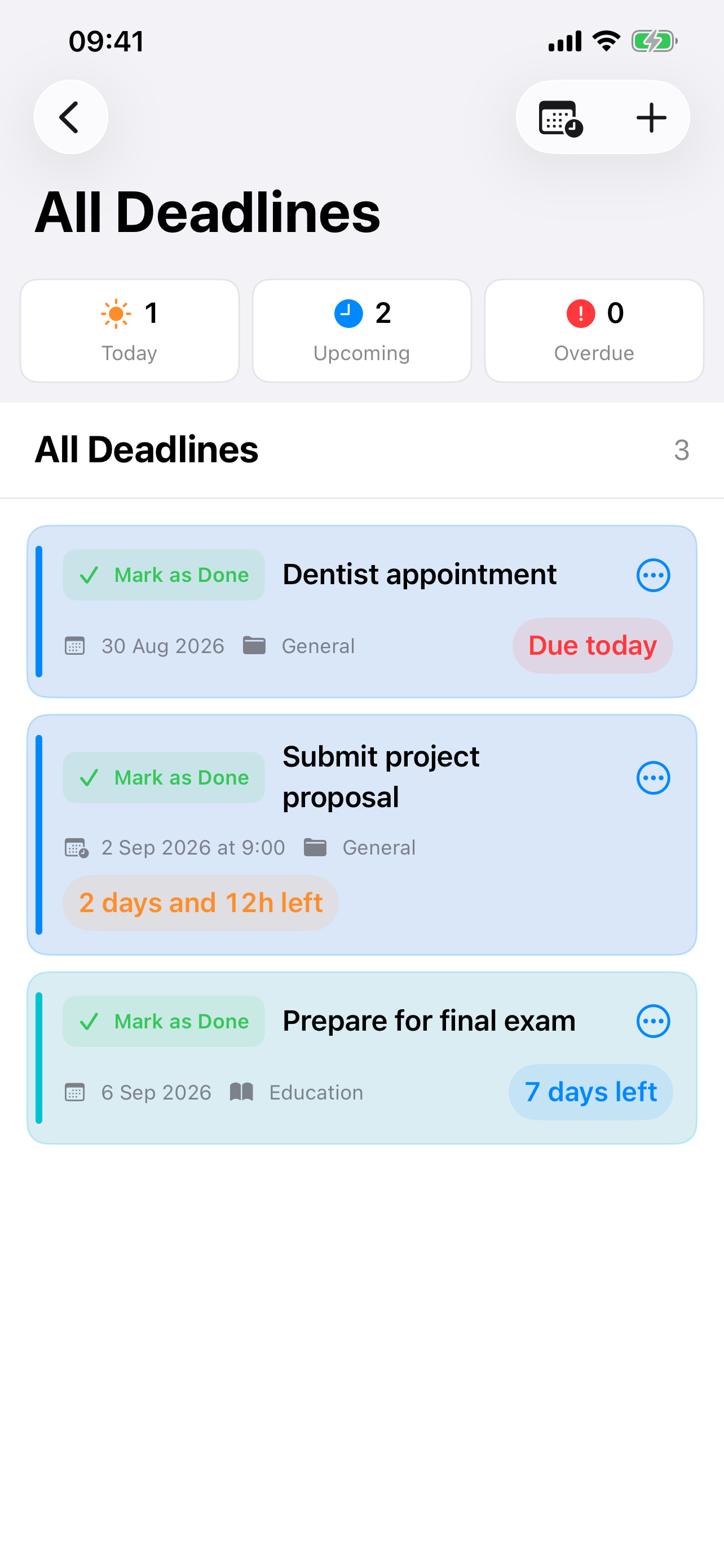 Deadline Desk on iPhone showing three organised deadlines with time remaining