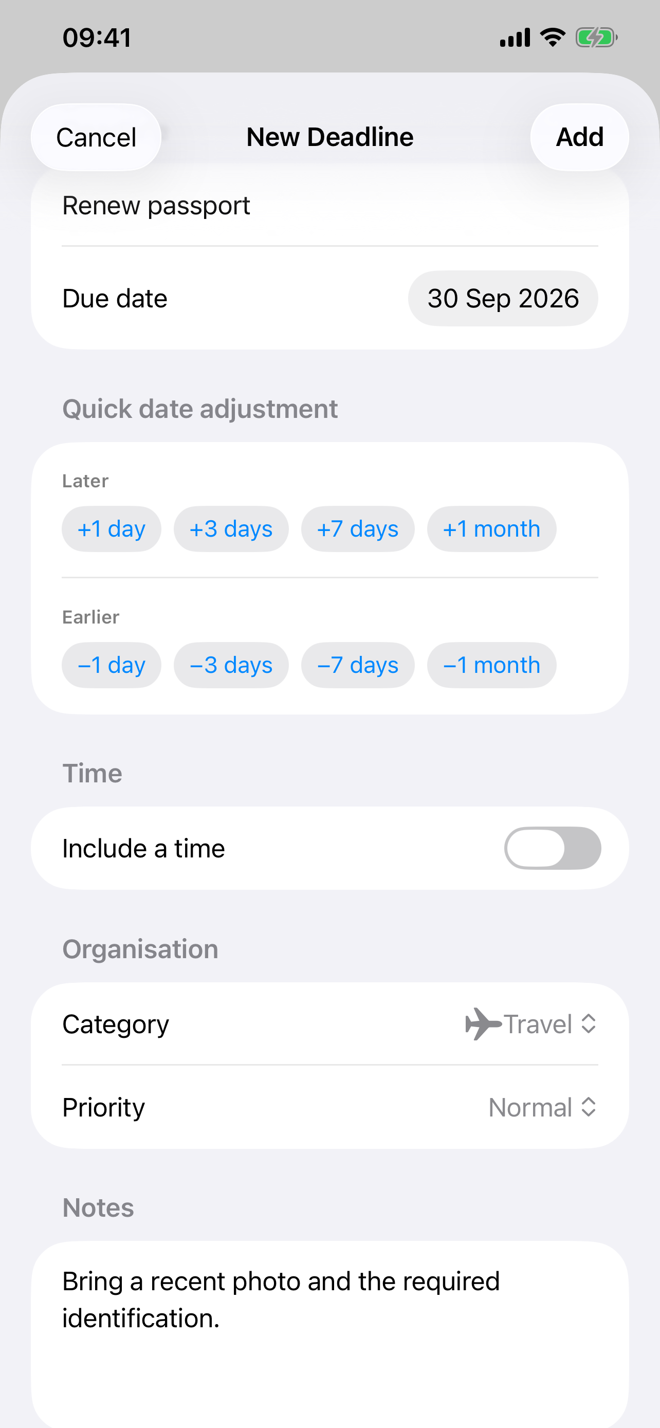 Creating a new deadline on iPhone with quick date adjustments and categories